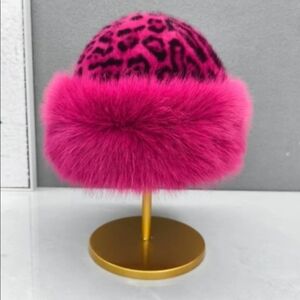 Pink Leopard Print Faux Fur Hat